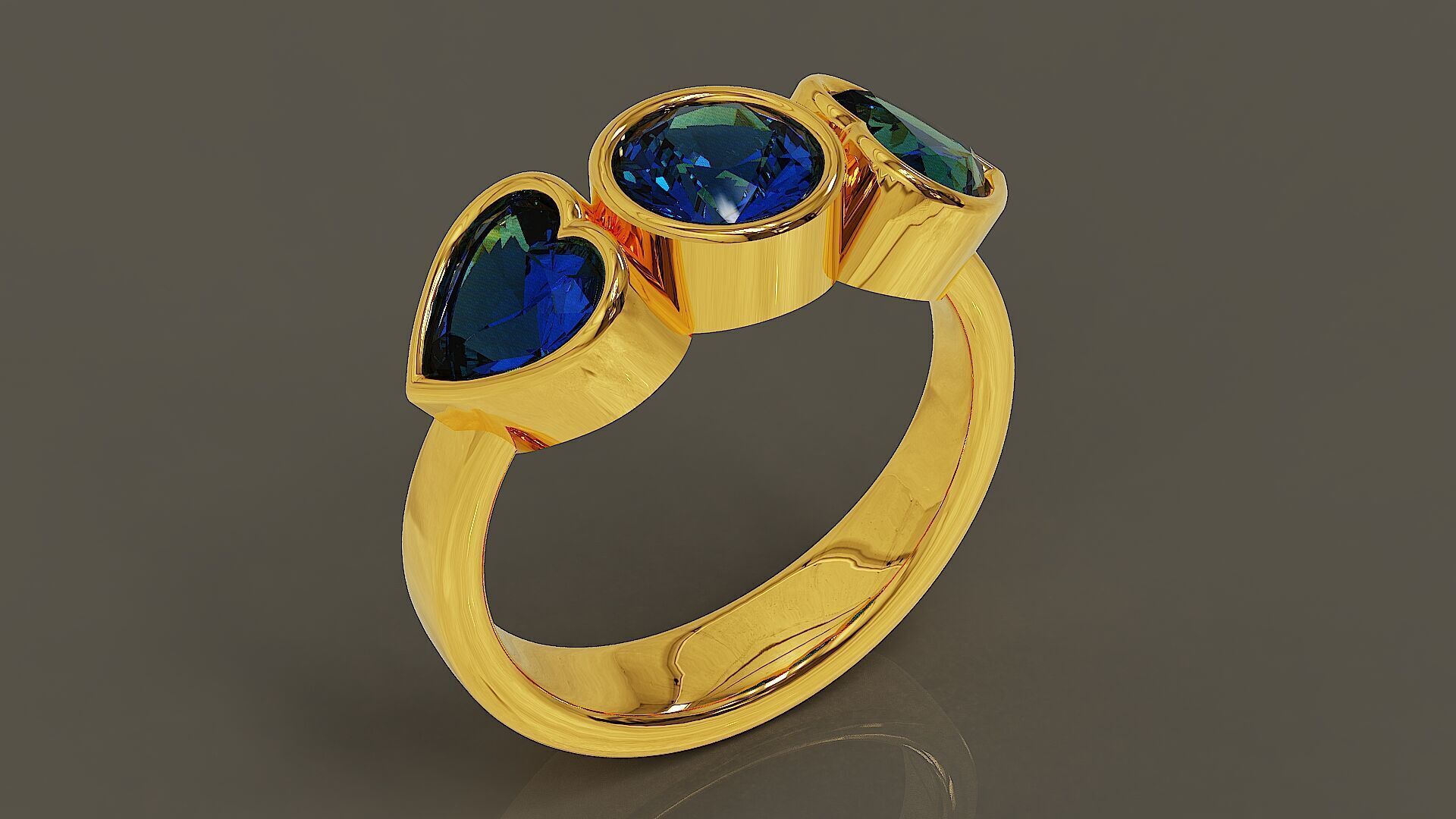 Bezel set round and heart shape diamond three stone ring 3D print model_3