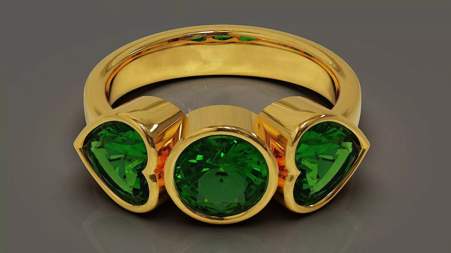 Bezel set round and heart shape diamond three stone ring 3D print model_0