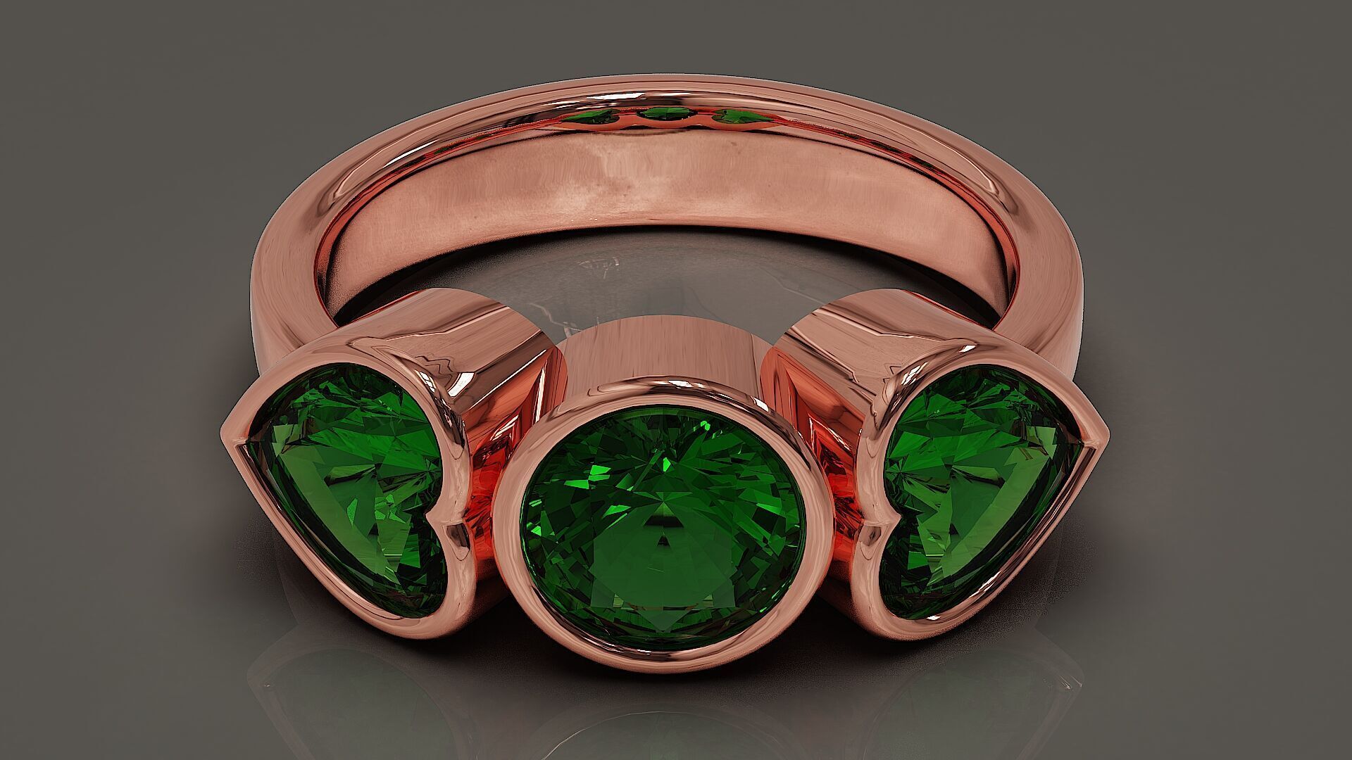 Bezel set round and heart shape diamond three stone ring 3D print model_5