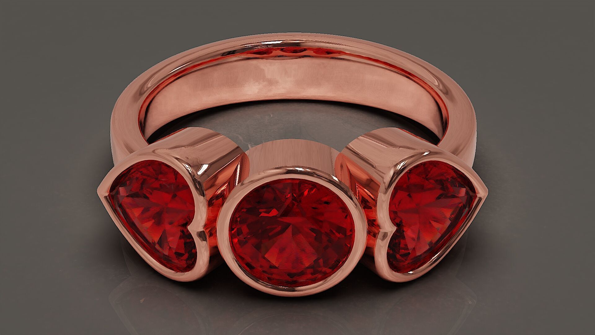 Bezel set round and heart shape diamond three stone ring 3D print model_6