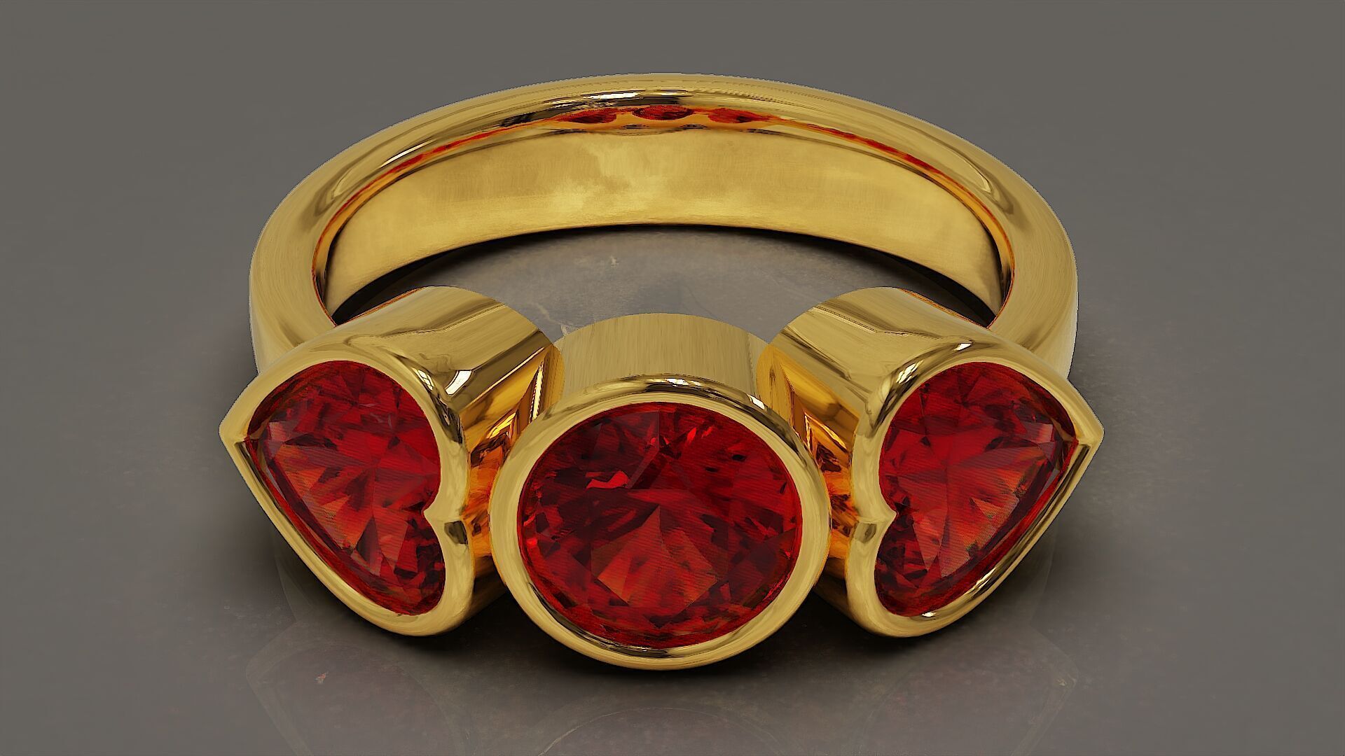 Bezel set round and heart shape diamond three stone ring 3D print model_2