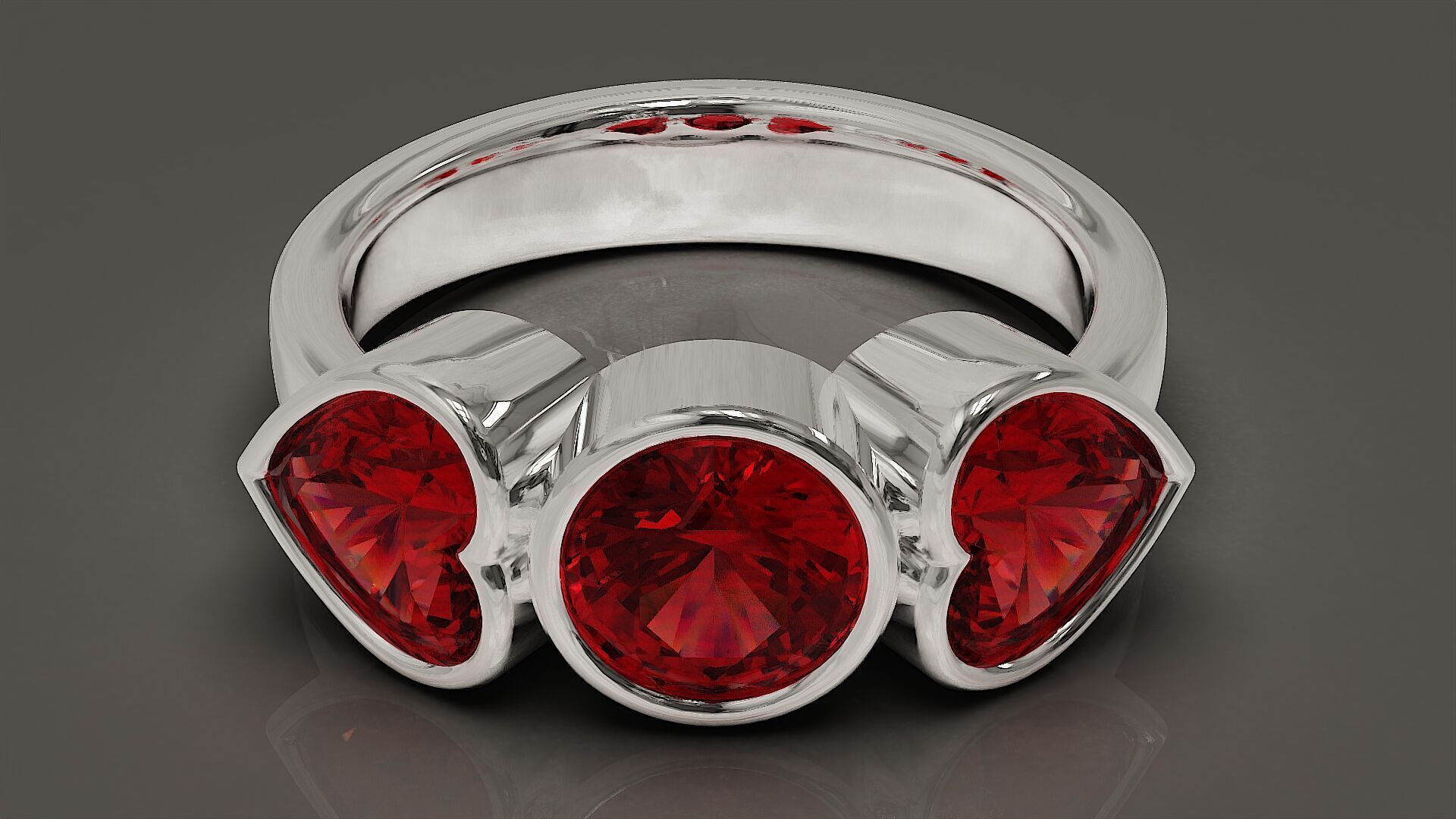 Bezel set round and heart shape diamond three stone ring 3D print model_11