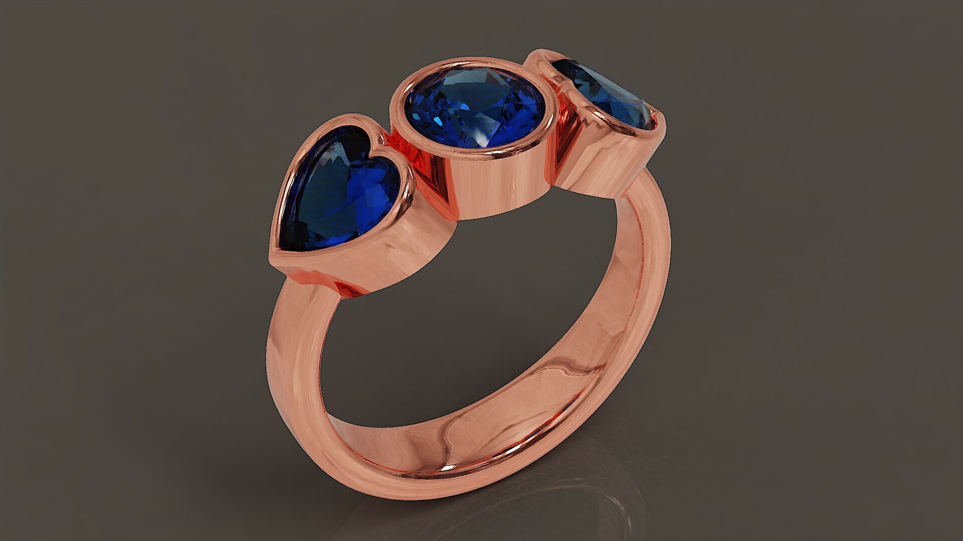 Bezel set round and heart shape diamond three stone ring 3D print model_8