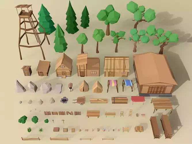 LowPoly Forest Camp and Village -Reworked