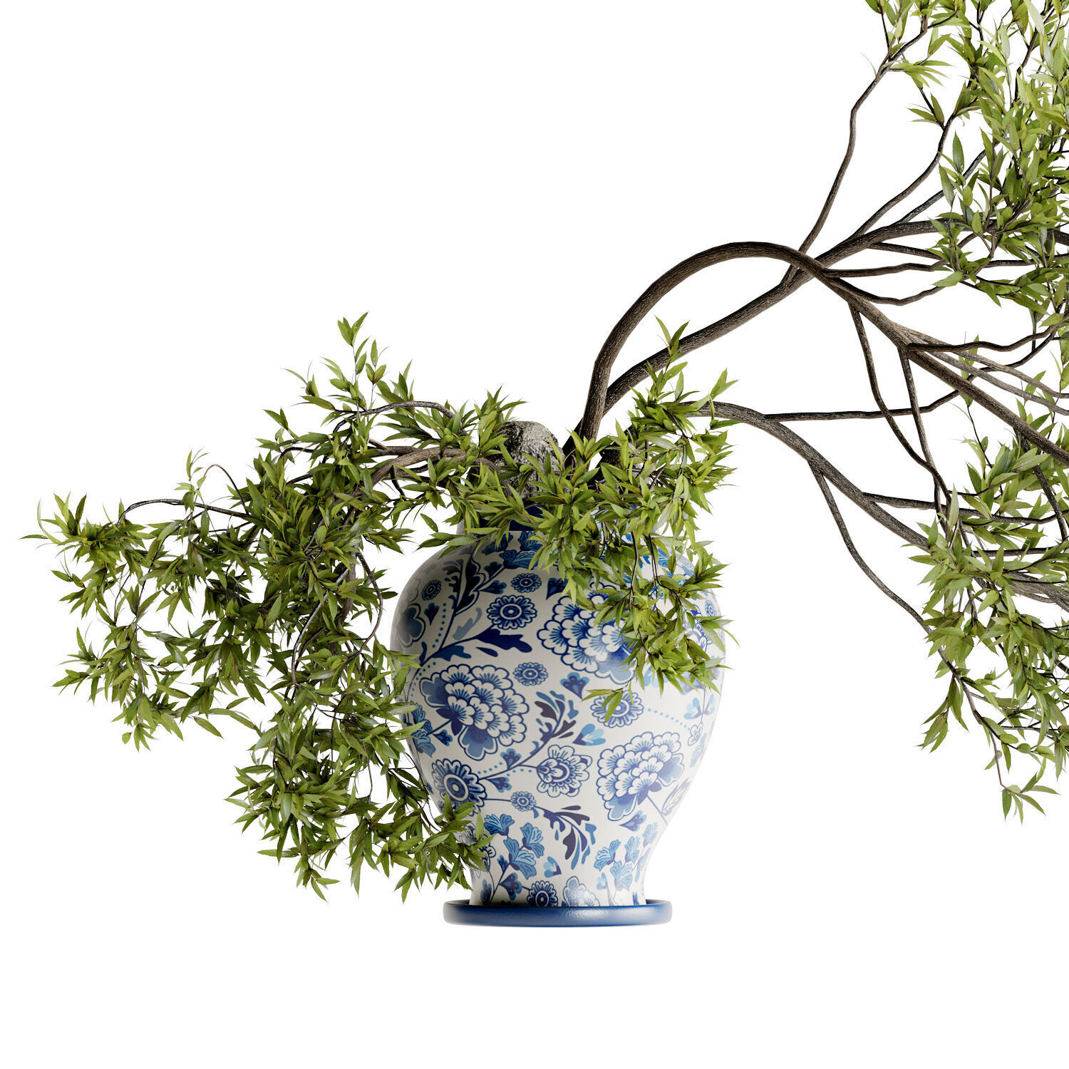 Tree branch bouquet inserted into celadon ceramic pot  3D model_2