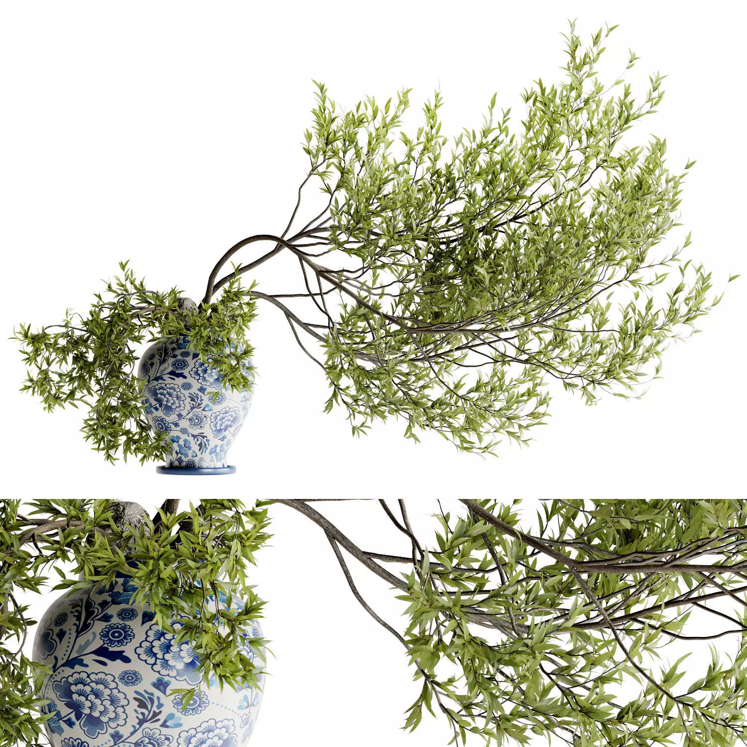 Tree branch bouquet inserted into celadon ceramic pot  3D model_0