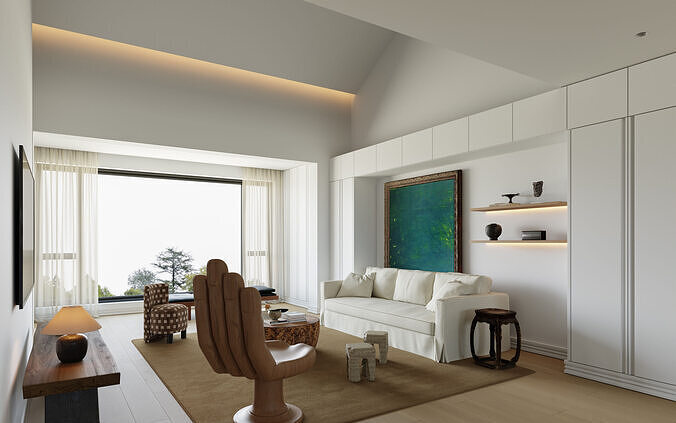 Creamy Vintage Modern Dining and Living Room Interior Scene 3D model