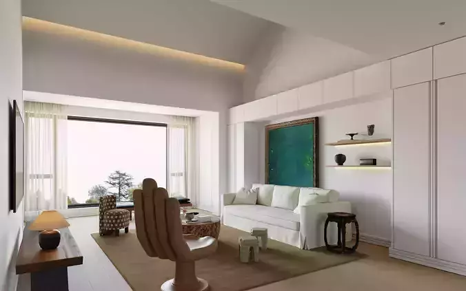 Creamy Vintage Modern Dining and Living Room Interior Scene 3D model