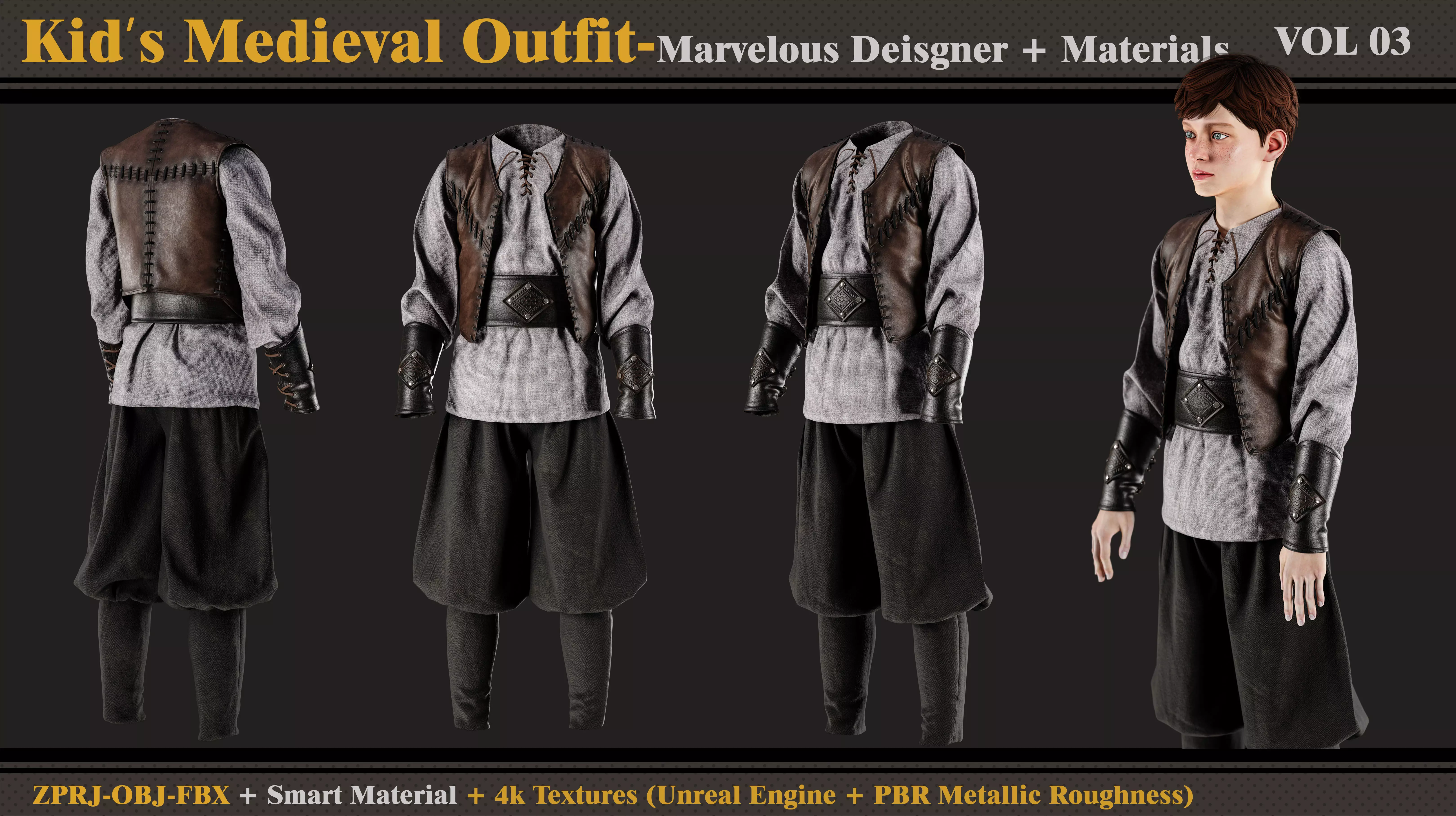 Kids Medieval Outfit- MD-Clo3d -Material- Textures-OBJ-FBX 3D model_0