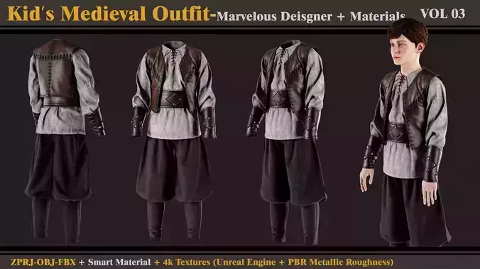 Kids Medieval Outfit- MD-Clo3d -Material- Textures-OBJ-FBX