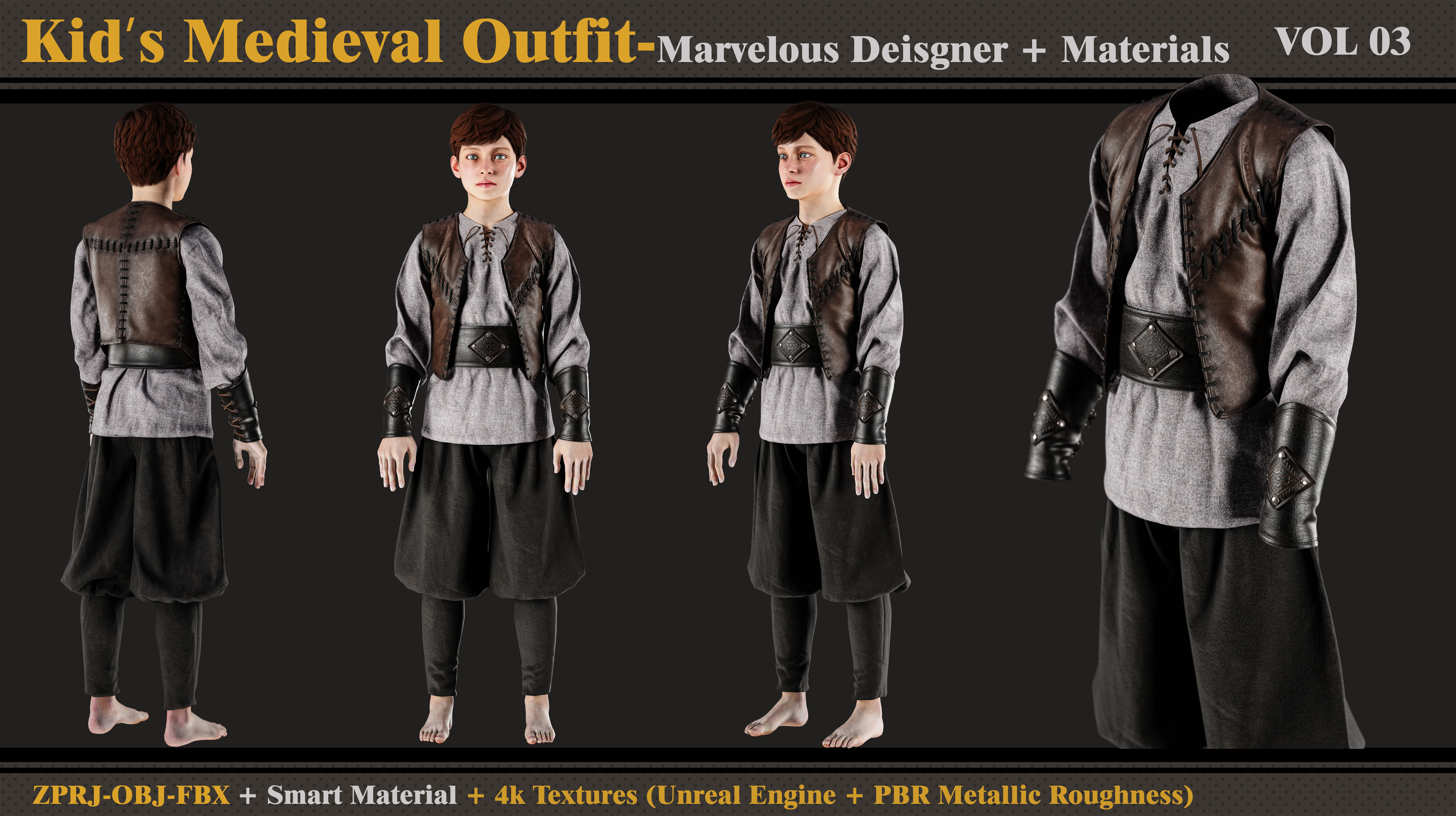 Kids Medieval Outfit- MD-Clo3d -Material- Textures-OBJ-FBX 3D model_3