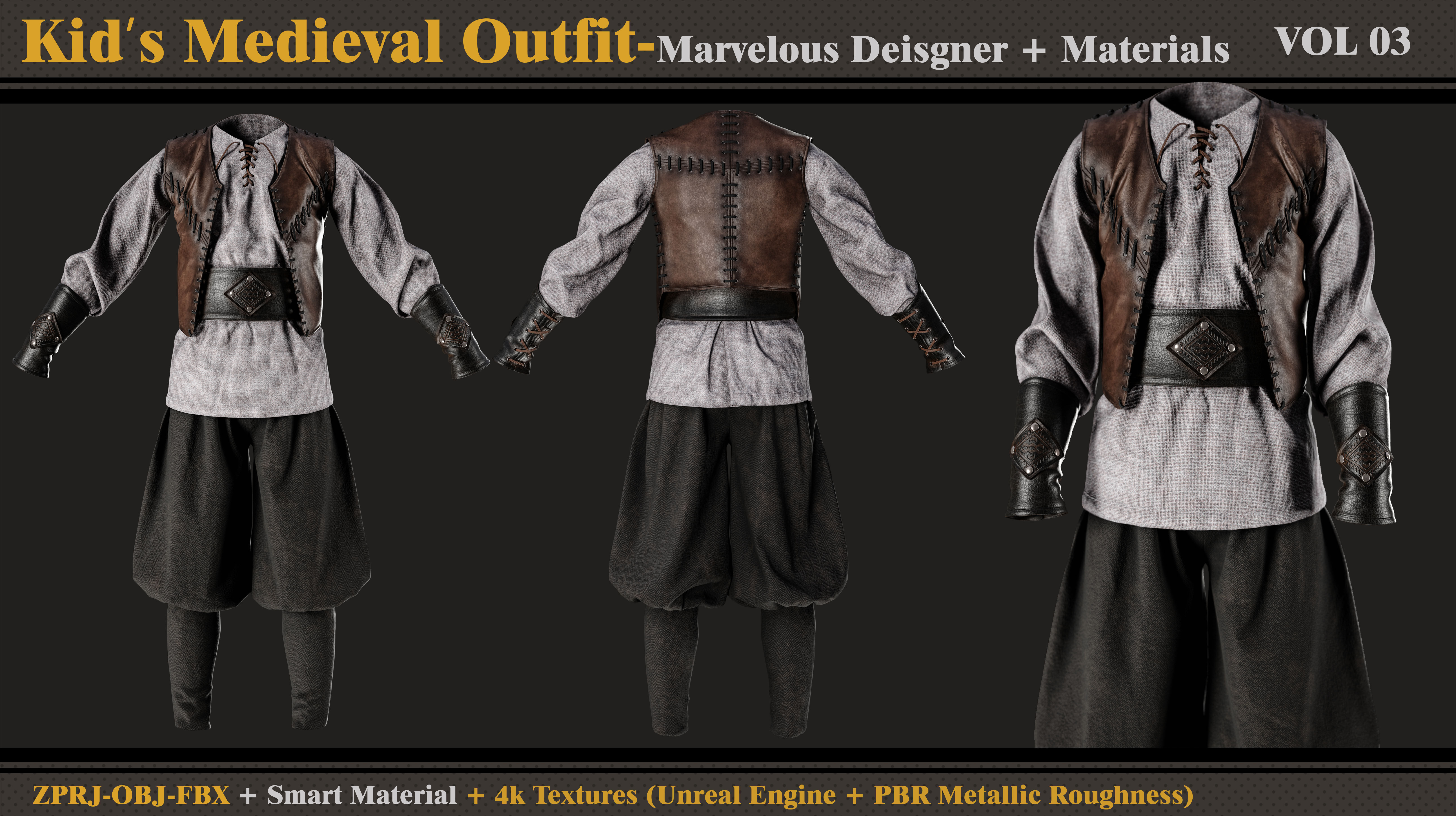 Kids Medieval Outfit- MD-Clo3d -Material- Textures-OBJ-FBX 3D model_1