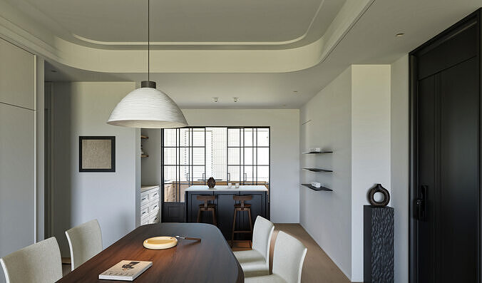 Creamy Eclectic Vintage Modern Dining and Living Room Scene 3D model
