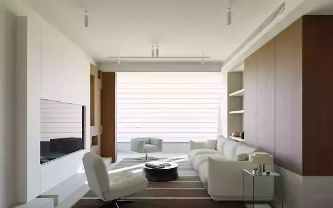 Minimalist Wooden Dining and Living Room Interior Scene 3D model