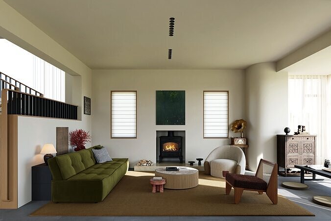 Creamy Vintage Villa Living and Dining Room Interior Scene 3D model