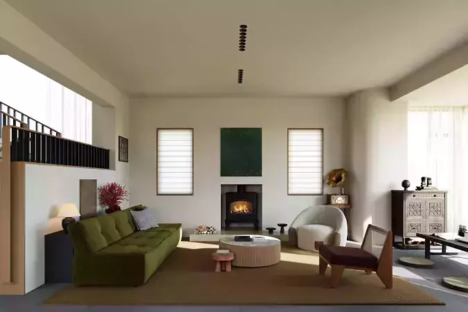 Creamy Vintage Villa Living and Dining Room Interior Scene 3D model