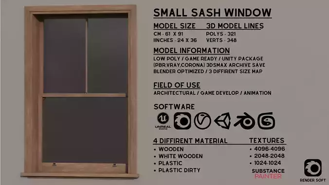 Small Sash Window Low Poly Game Ready PBR 4 Color Variants
