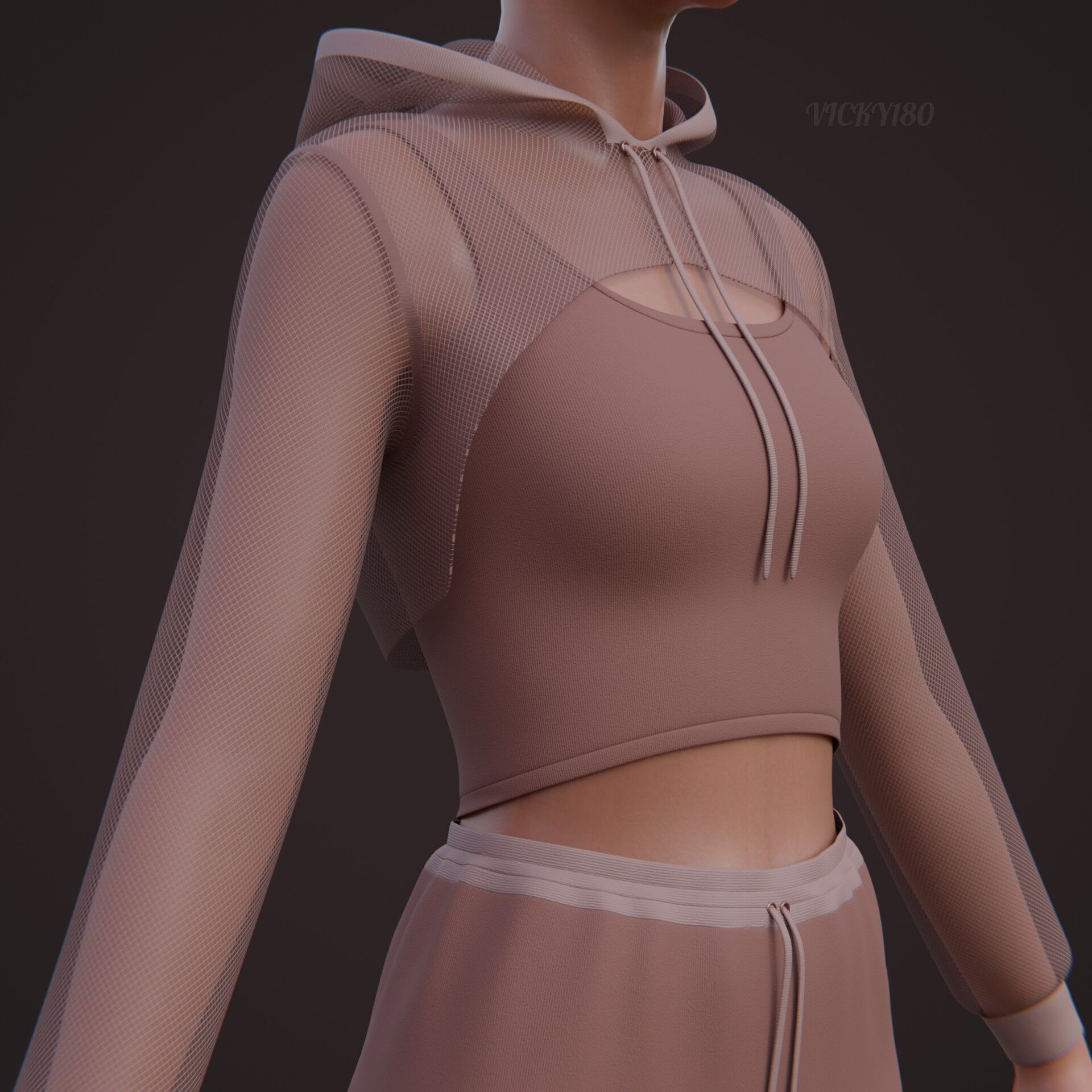 Sexy Women 3-Piece Tracksuit Crop top hoodie sweatshirt Clothing 3D model_23