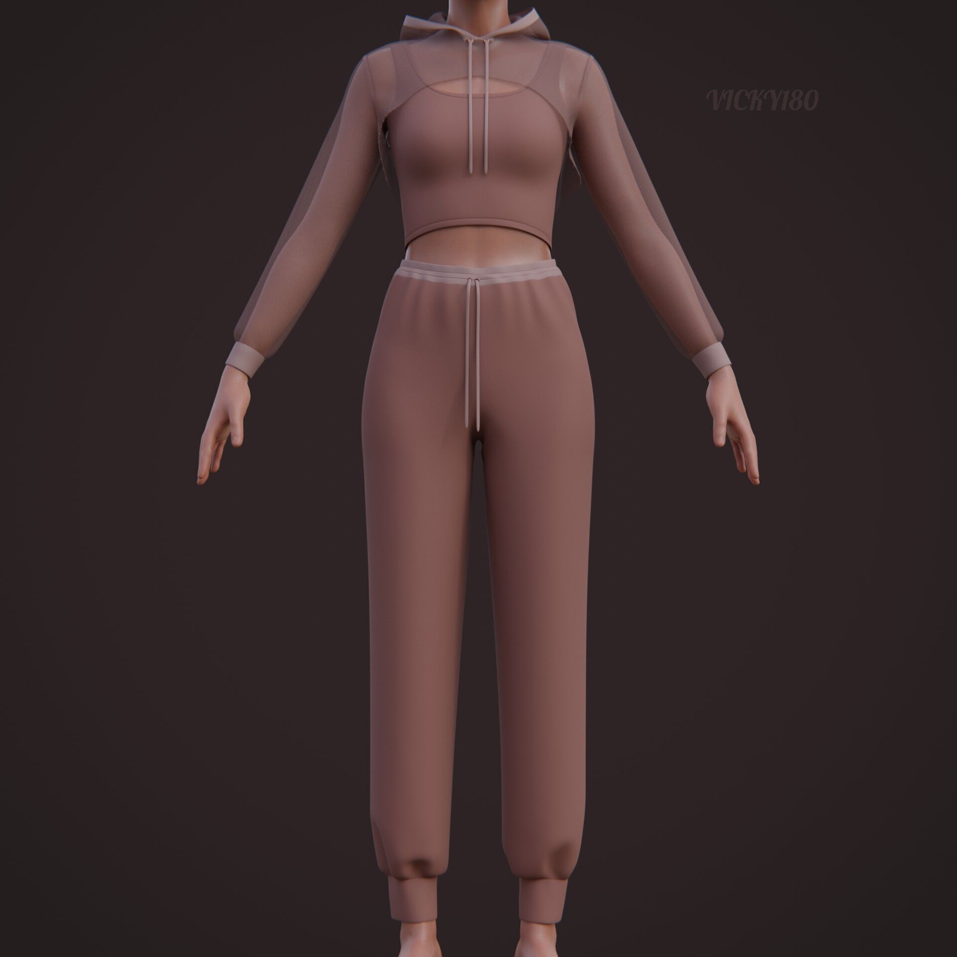 Sexy Women 3-Piece Tracksuit Crop top hoodie sweatshirt Clothing 3D model_15