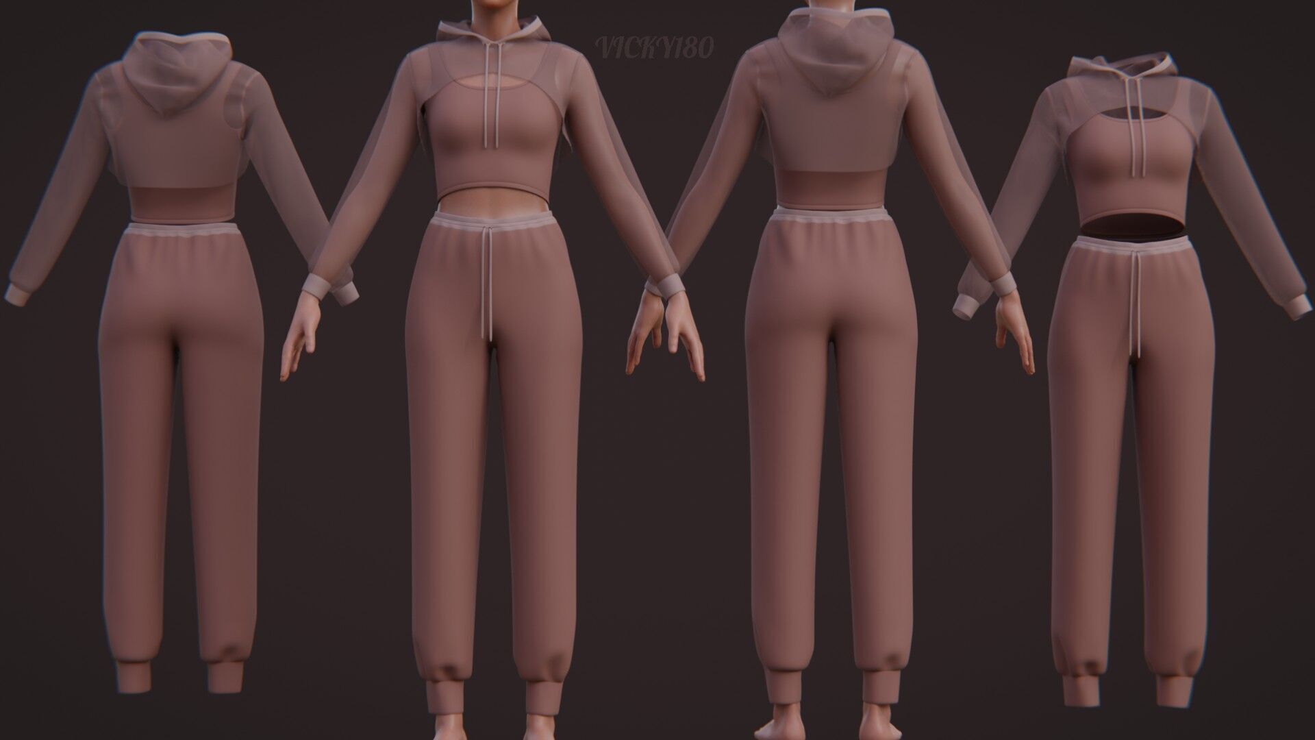 Sexy Women 3-Piece Tracksuit Crop top hoodie sweatshirt Clothing 3D model_3