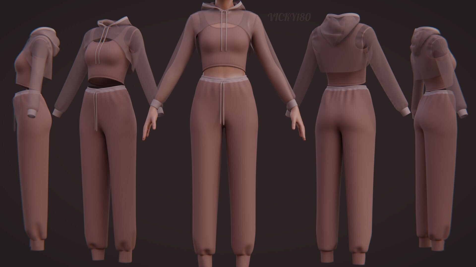 Sexy Women 3-Piece Tracksuit Crop top hoodie sweatshirt Clothing 3D model_2