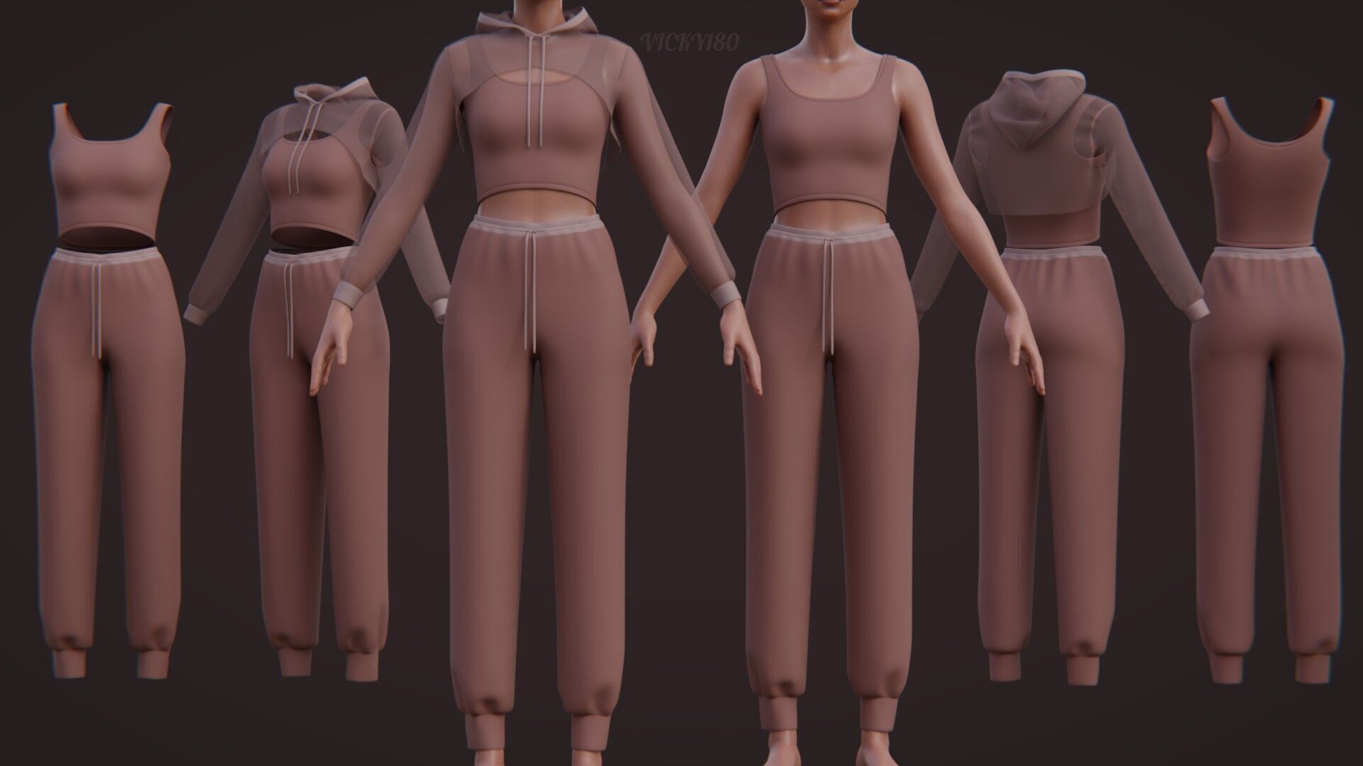 Sexy Women 3-Piece Tracksuit Crop top hoodie sweatshirt Clothing 3D model_1