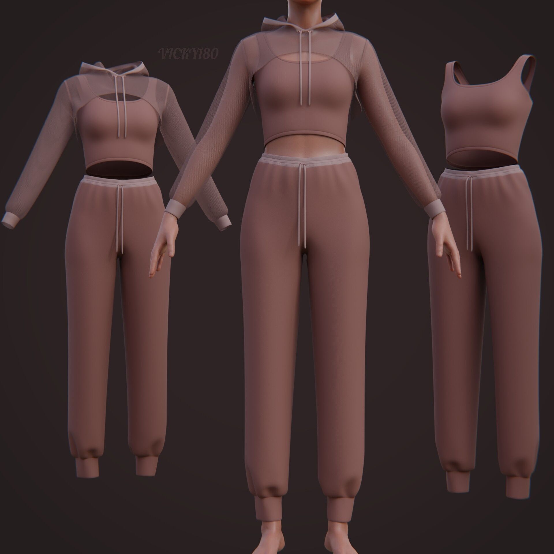 Sexy Women 3-Piece Tracksuit Crop top hoodie sweatshirt Clothing 3D model_7