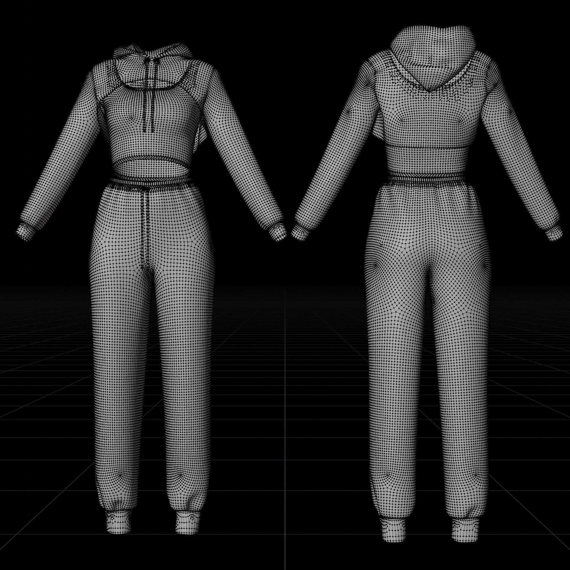 Sexy Women 3-Piece Tracksuit Crop top hoodie sweatshirt Clothing 3D model_11