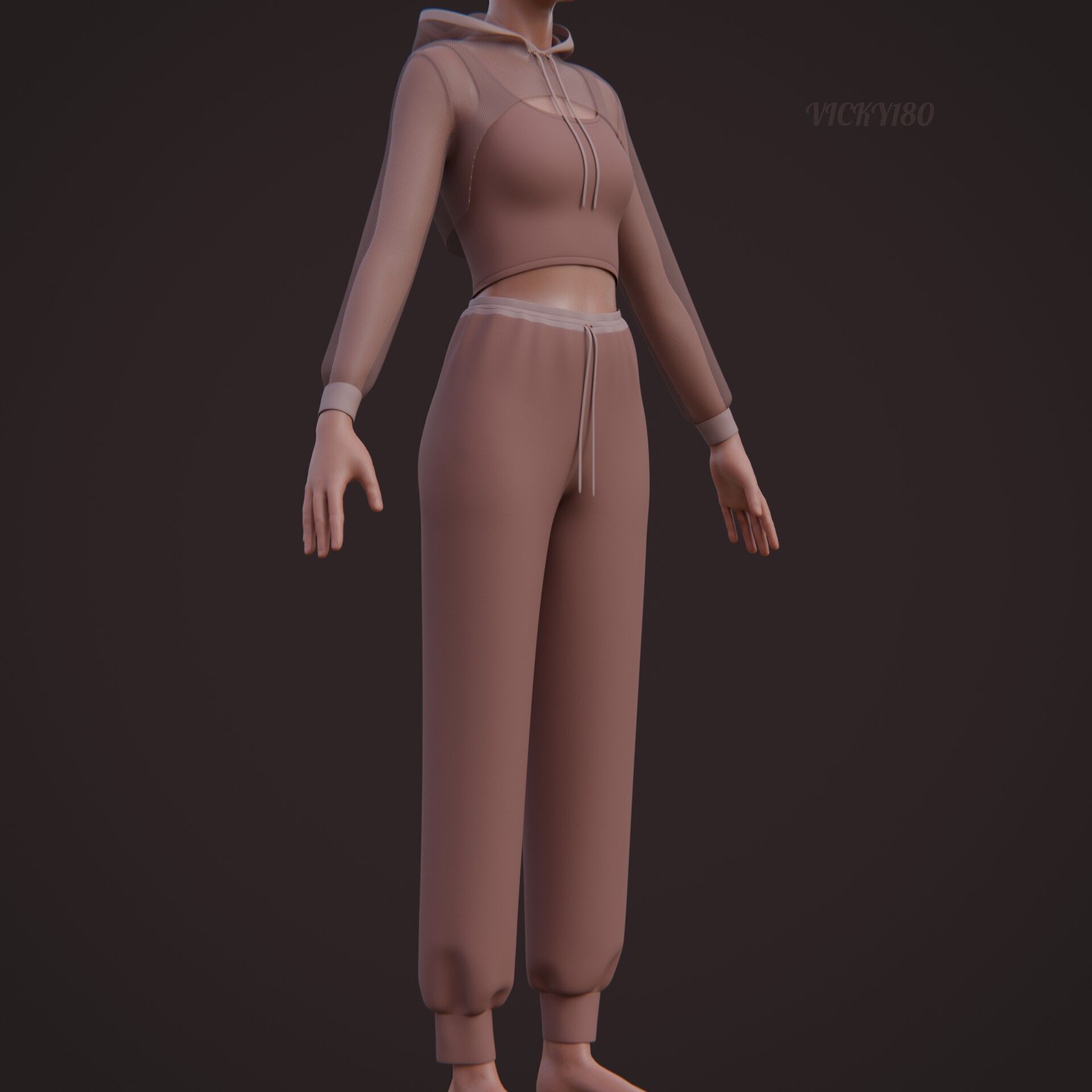 Sexy Women 3-Piece Tracksuit Crop top hoodie sweatshirt Clothing 3D model_18