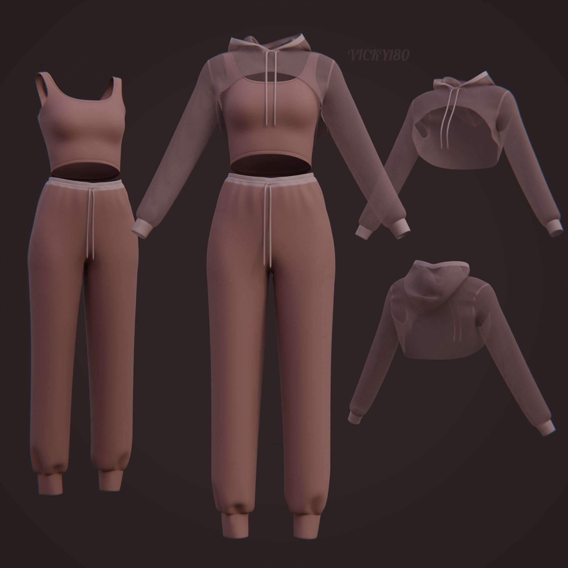 Sexy Women 3-Piece Tracksuit Crop top hoodie sweatshirt Clothing 3D model_8