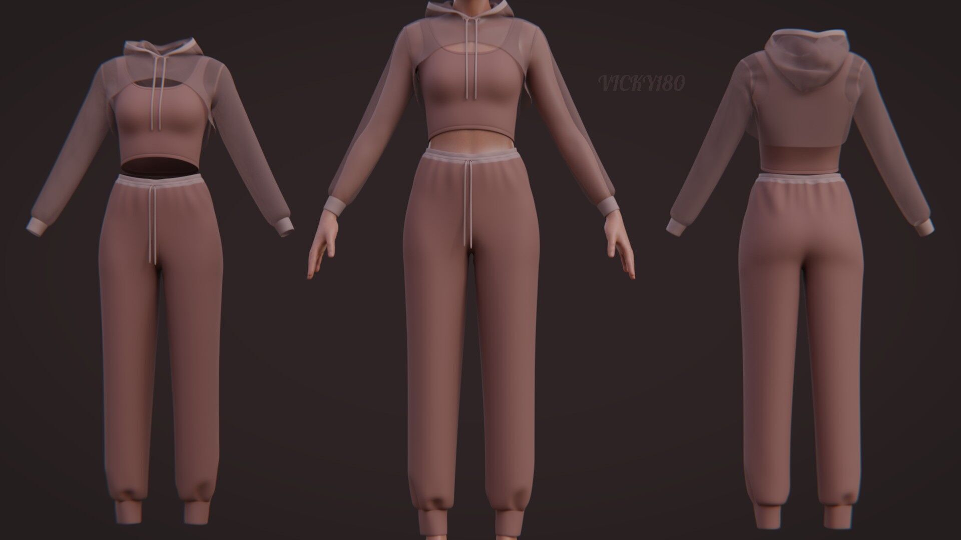 Sexy Women 3-Piece Tracksuit Crop top hoodie sweatshirt Clothing 3D model_5