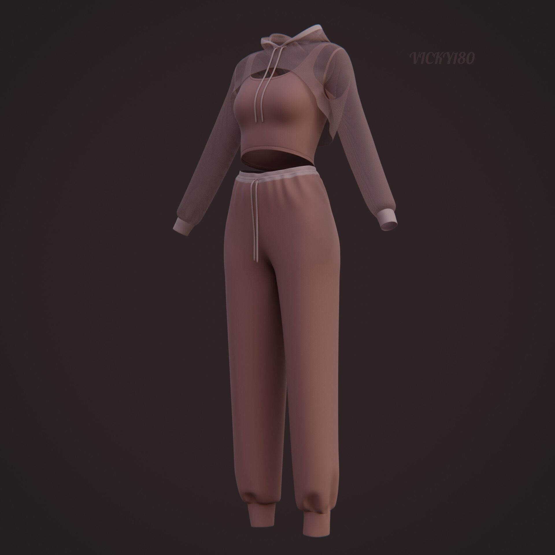 Sexy Women 3-Piece Tracksuit Crop top hoodie sweatshirt Clothing 3D model_35