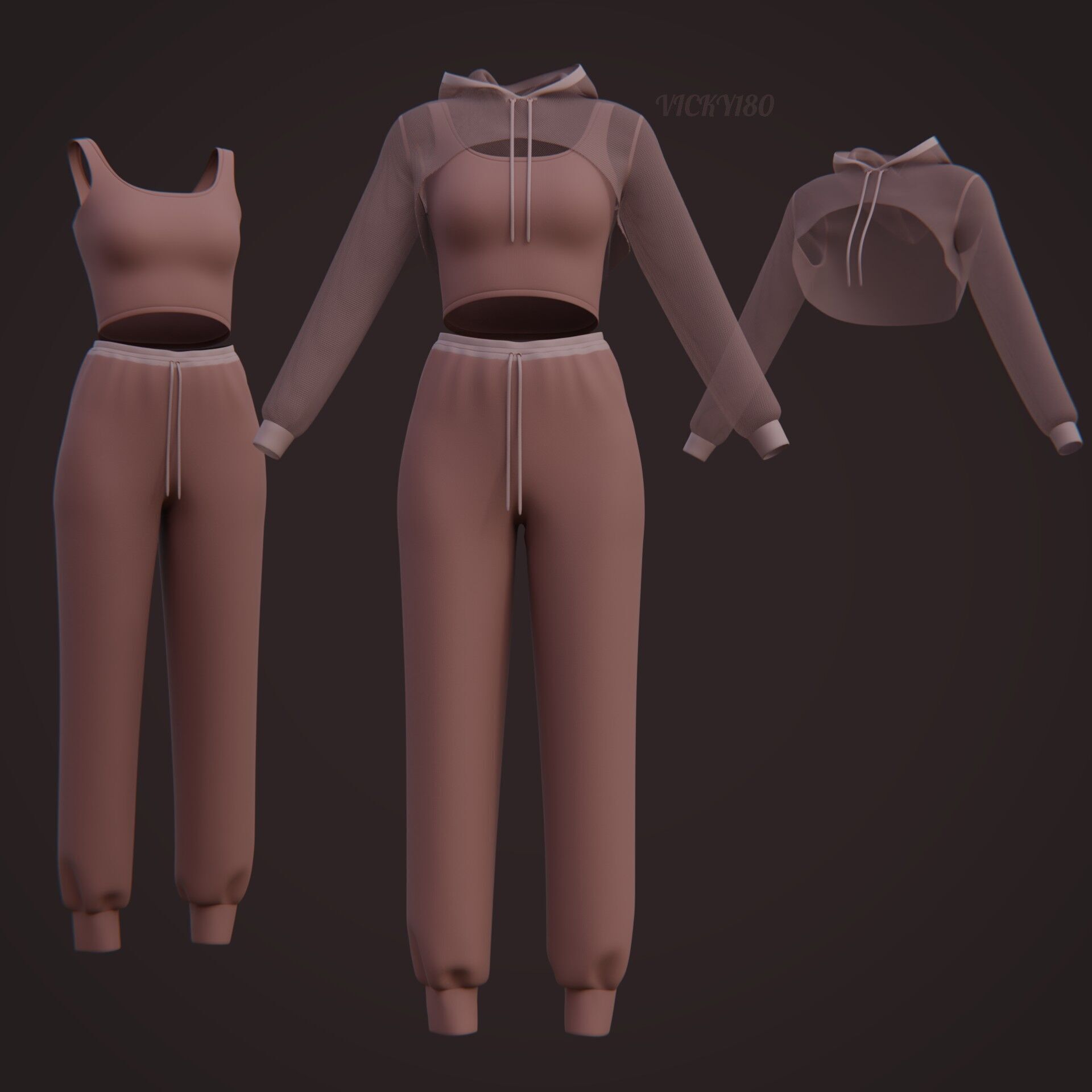 Sexy Women 3-Piece Tracksuit Crop top hoodie sweatshirt Clothing 3D model_14
