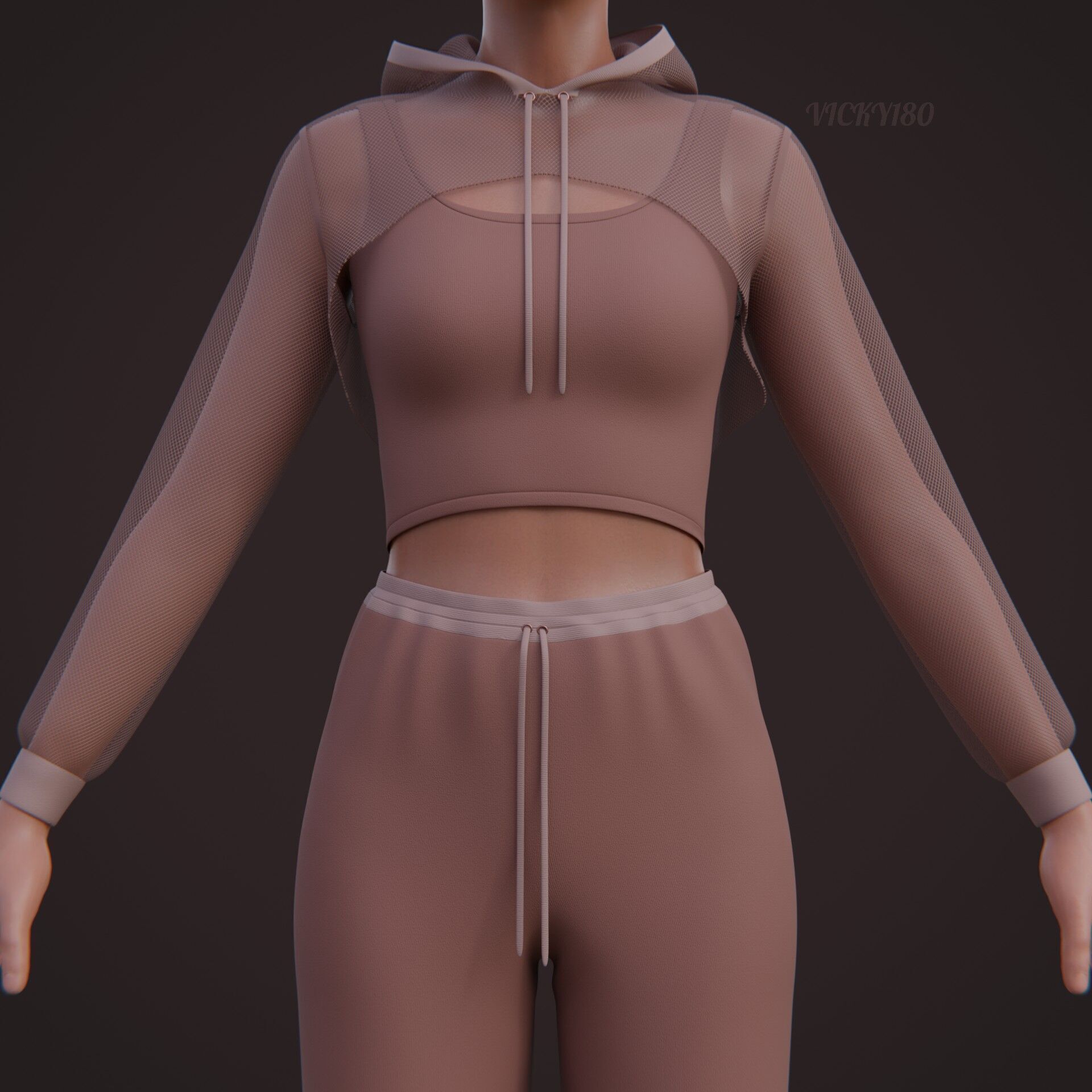 Sexy Women 3-Piece Tracksuit Crop top hoodie sweatshirt Clothing 3D model_20