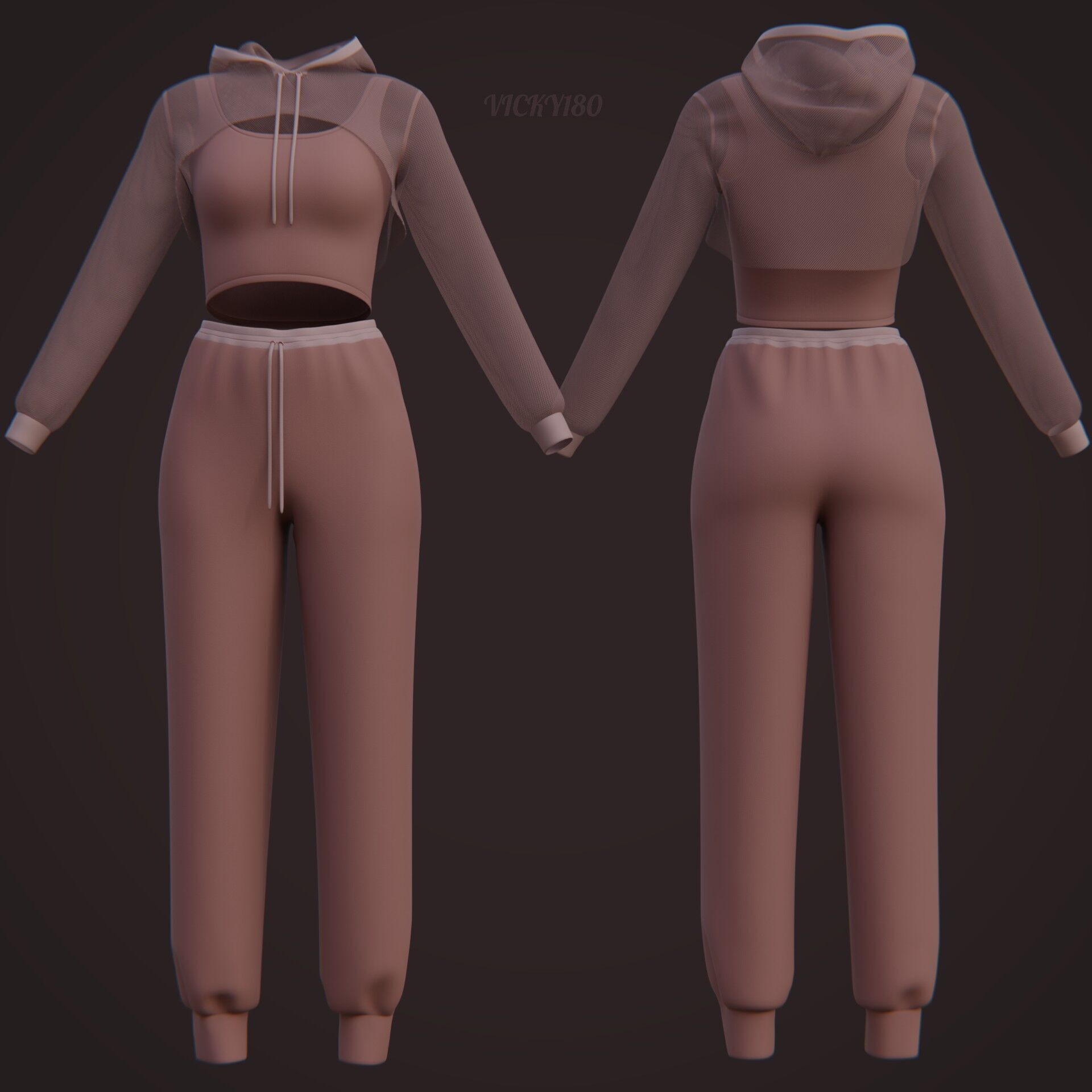Sexy Women 3-Piece Tracksuit Crop top hoodie sweatshirt Clothing 3D model_10
