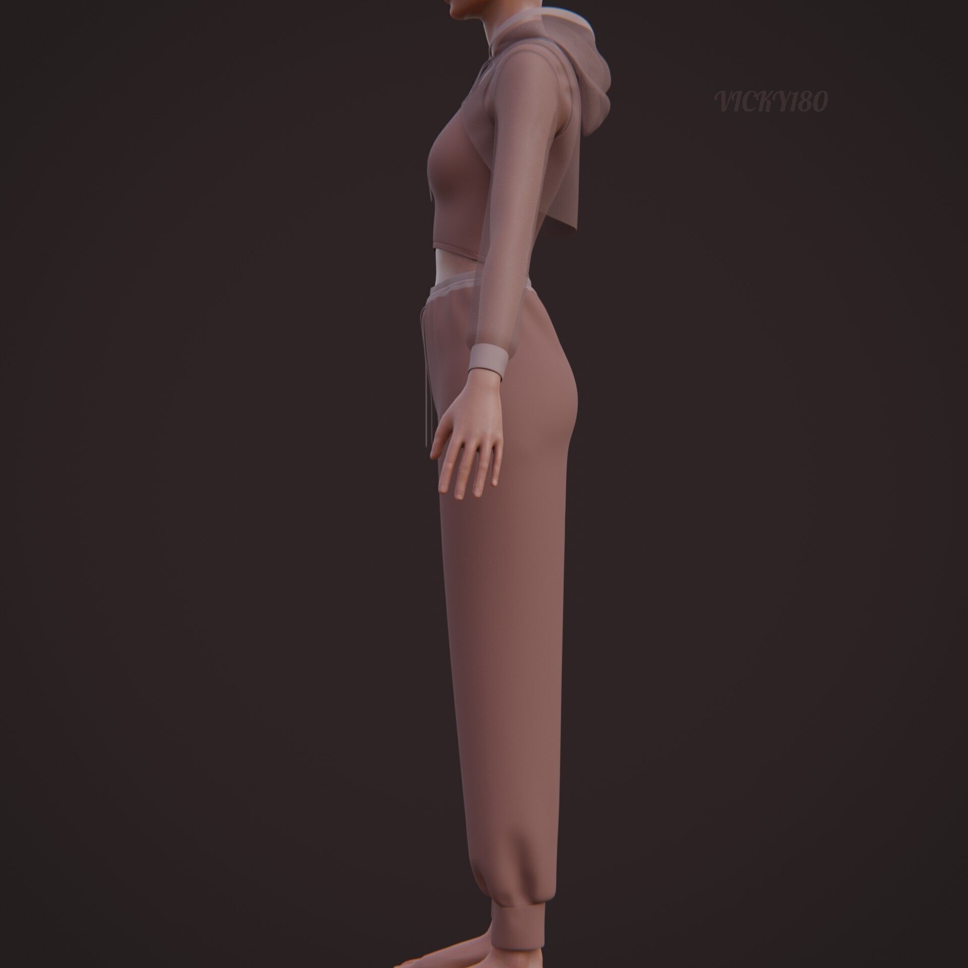 Sexy Women 3-Piece Tracksuit Crop top hoodie sweatshirt Clothing 3D model_17