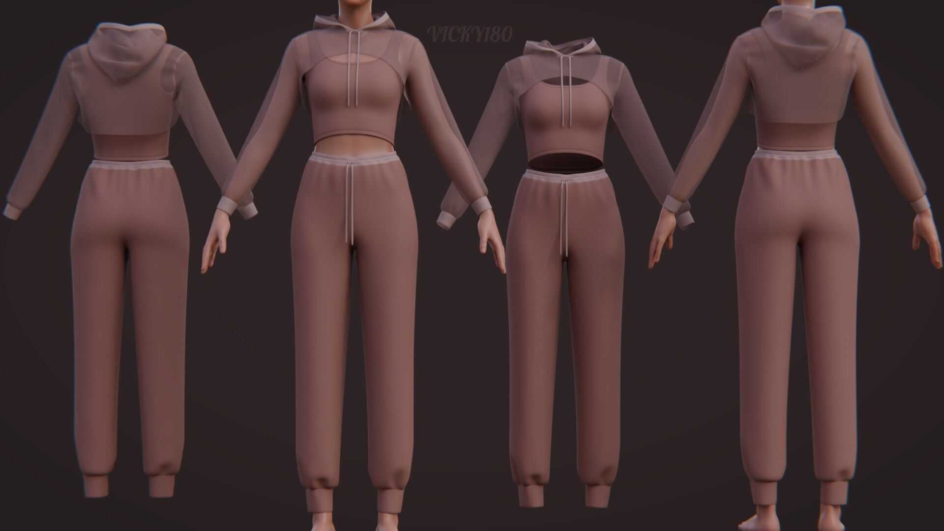 Sexy Women 3-Piece Tracksuit Crop top hoodie sweatshirt Clothing 3D model_37