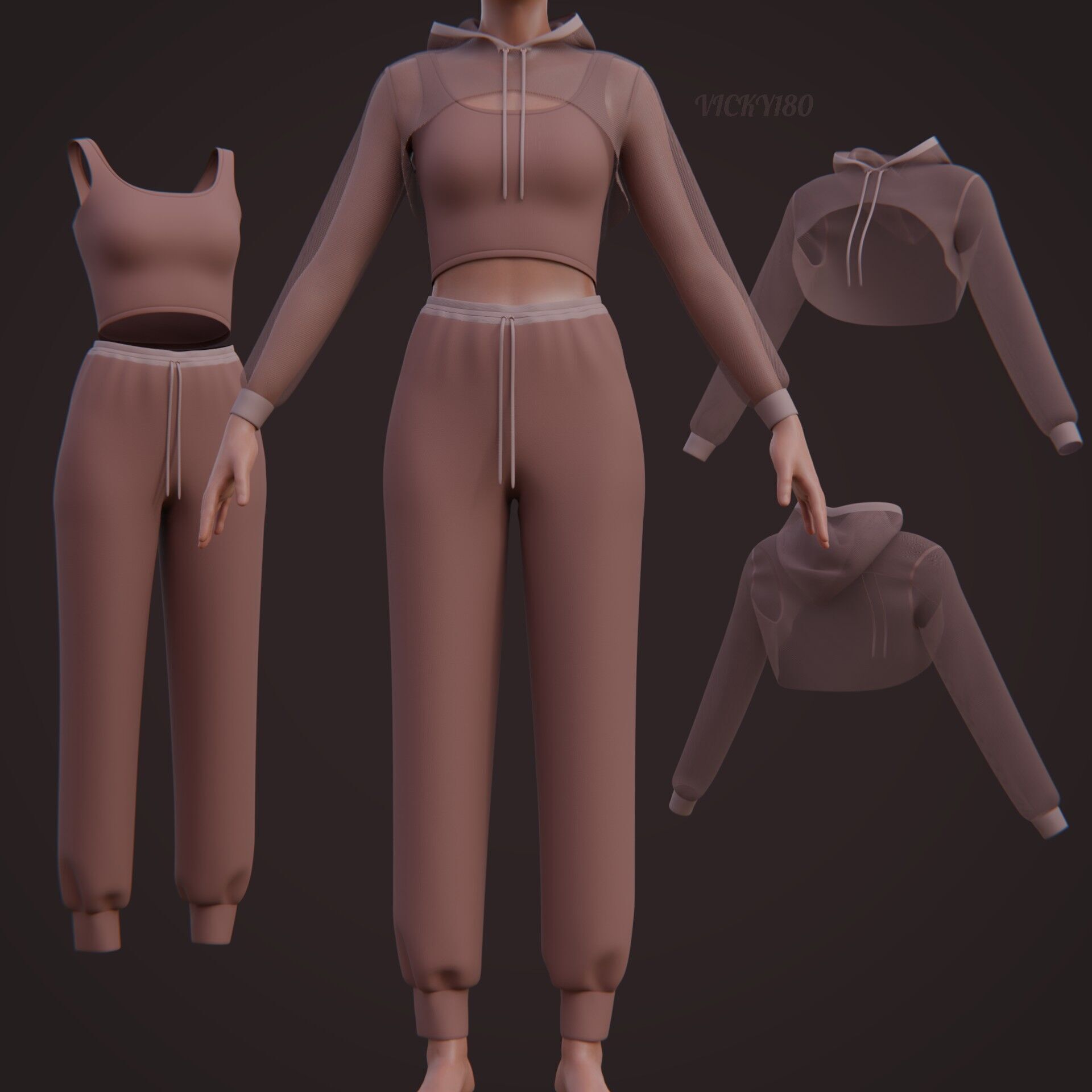 Sexy Women 3-Piece Tracksuit Crop top hoodie sweatshirt Clothing 3D model_13