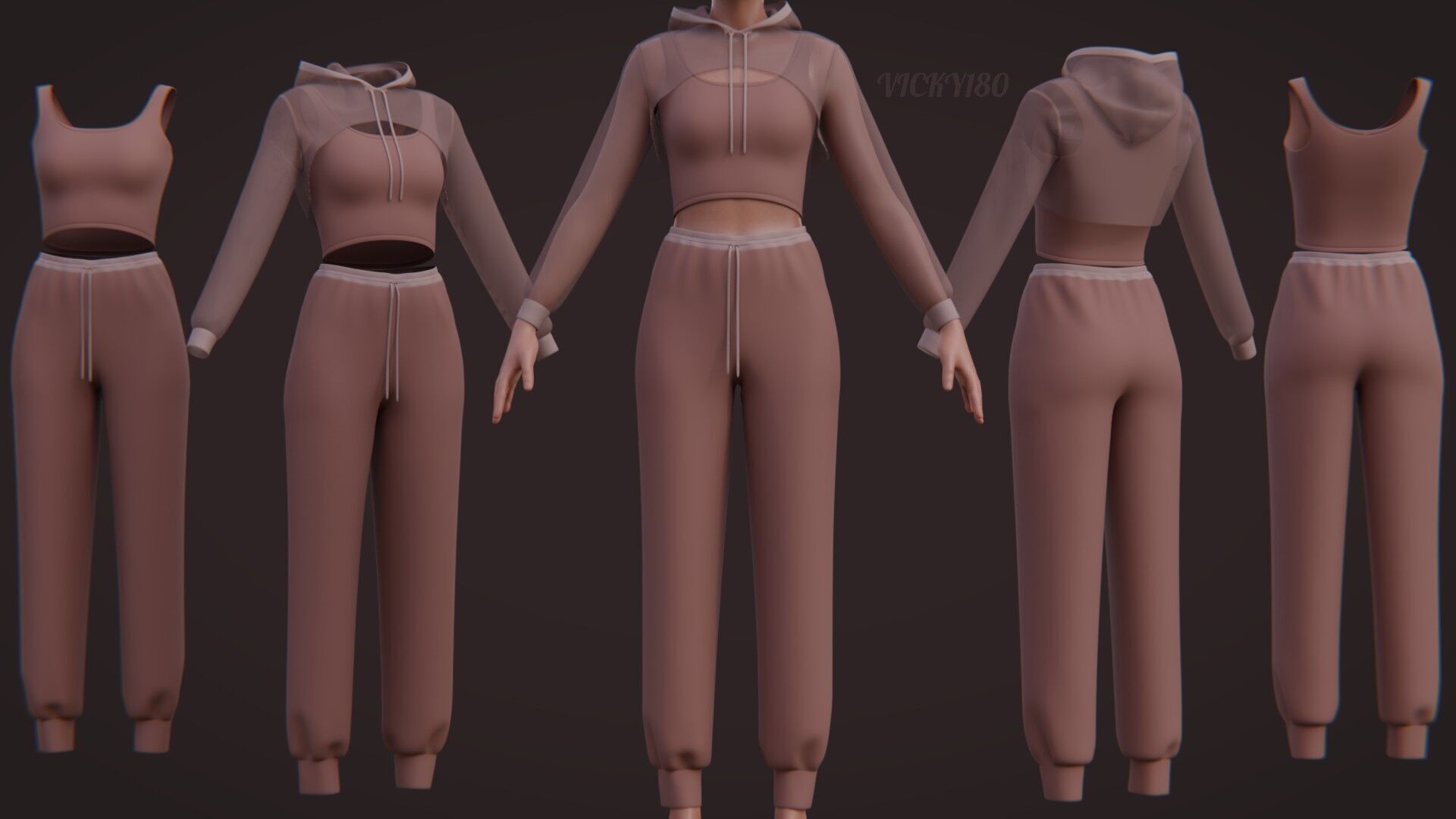 Sexy Women 3-Piece Tracksuit Crop top hoodie sweatshirt Clothing 3D model_4