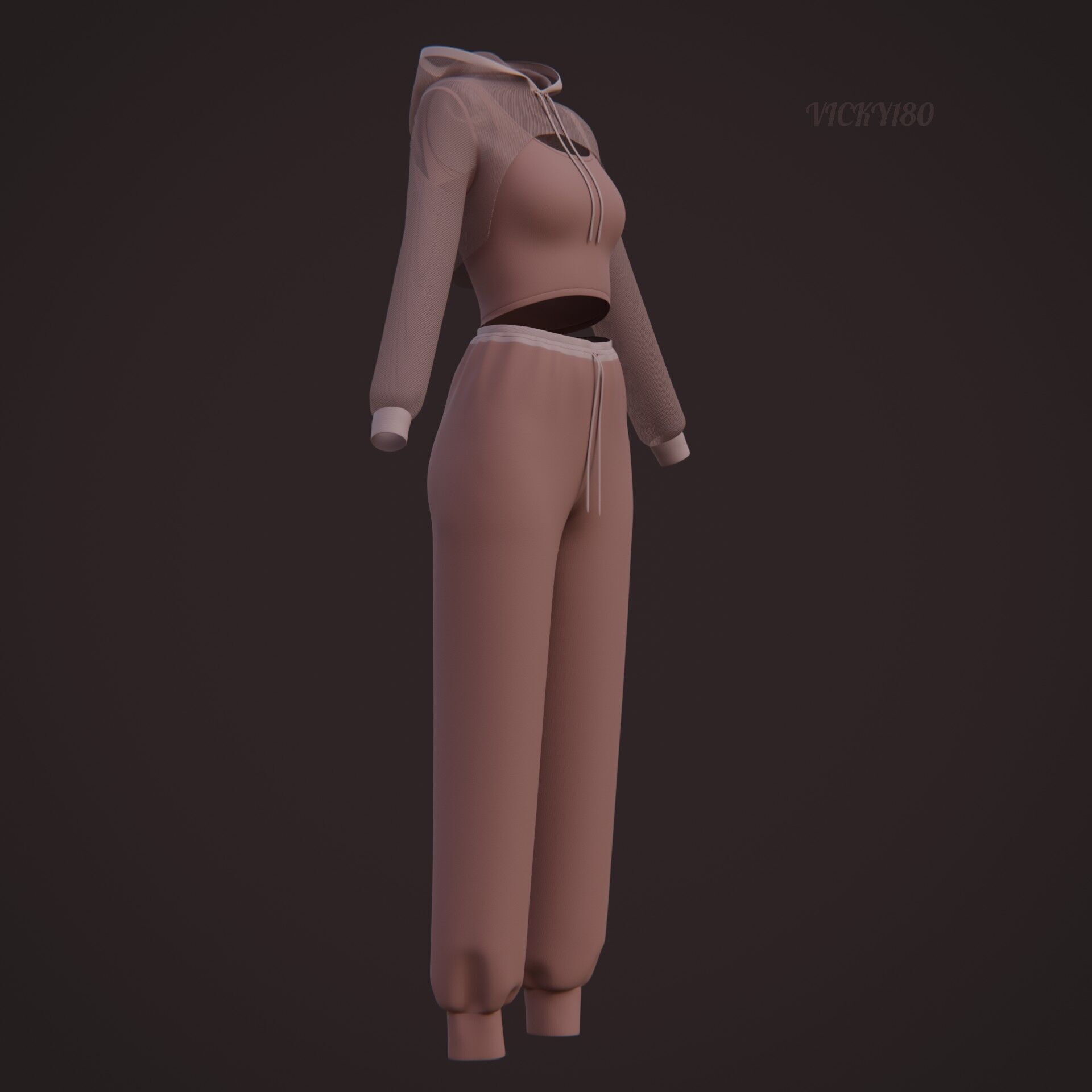 Sexy Women 3-Piece Tracksuit Crop top hoodie sweatshirt Clothing 3D model_29