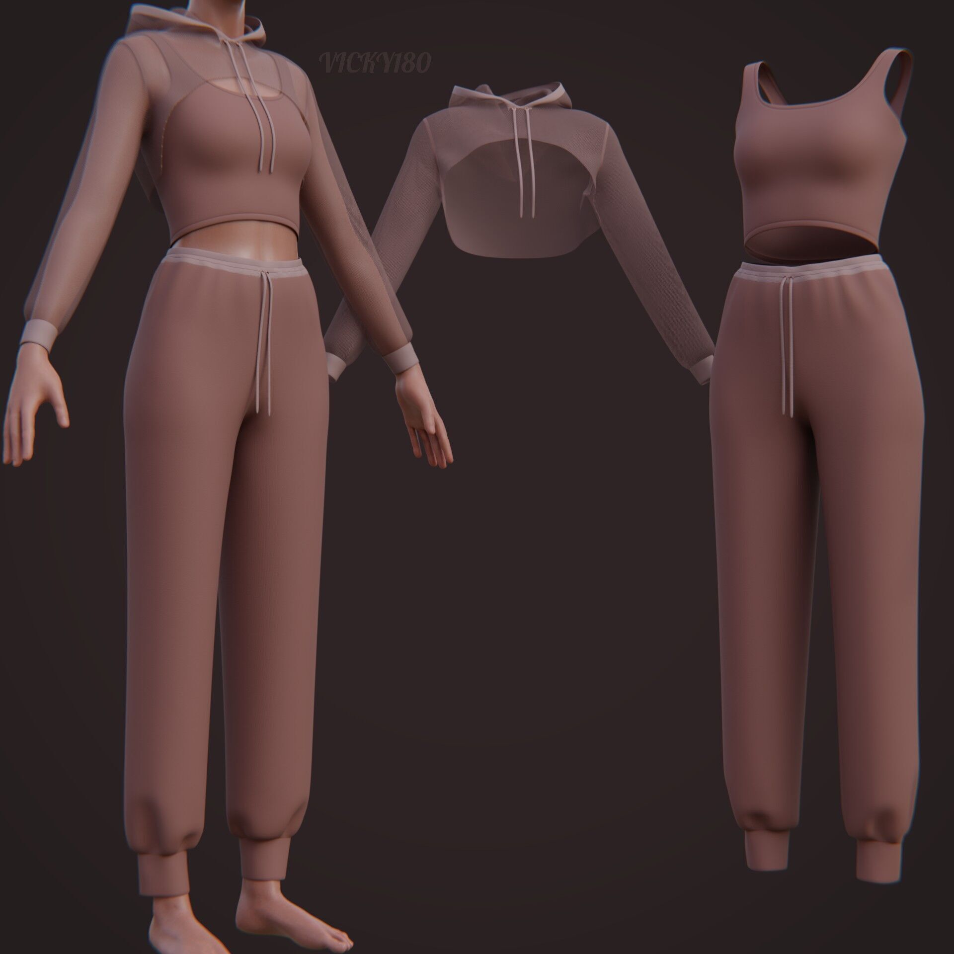 Sexy Women 3-Piece Tracksuit Crop top hoodie sweatshirt Clothing 3D model_36