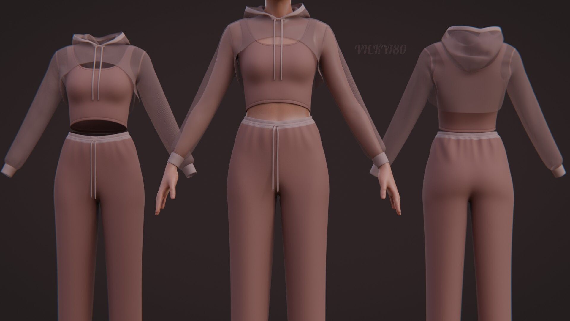 Sexy Women 3-Piece Tracksuit Crop top hoodie sweatshirt Clothing 3D model_6