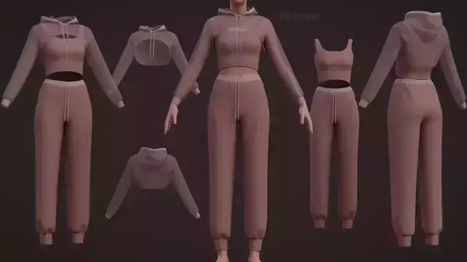 Sexy Women 3-Piece Tracksuit Crop top hoodie sweatshirt Clothing 3D model Sexy Women 3-Piece Tracksuit Crop top hoodie sweatshirt Clothing 3D model