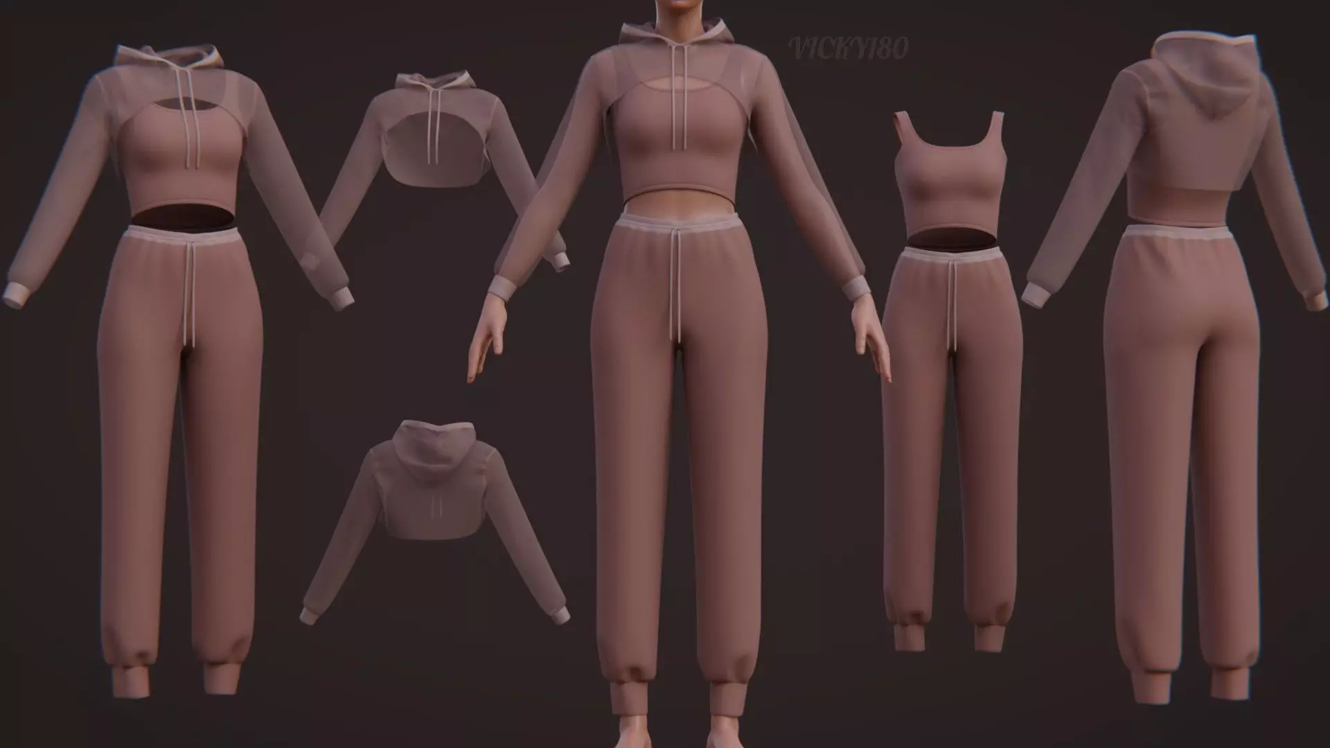 Sexy Women 3-Piece Tracksuit Crop top hoodie sweatshirt Clothing 3D model_0