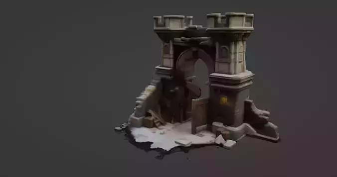 Ruined Medieval Gatehouse with Wooden Gate