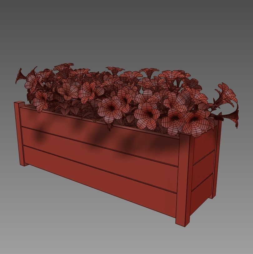 Petunia wooden planter with flowers 3D model_5