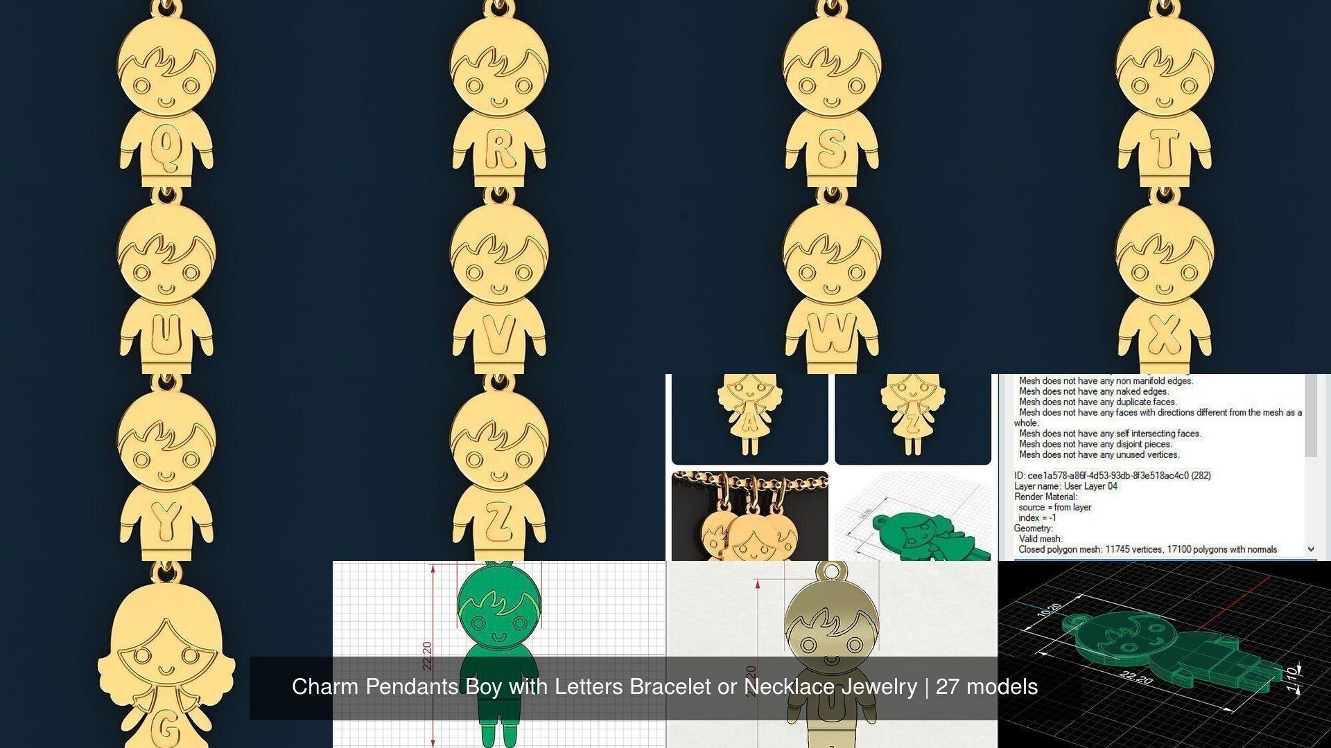  Charm Pendants Boy and Girl with Letters  3D Model Collection_5