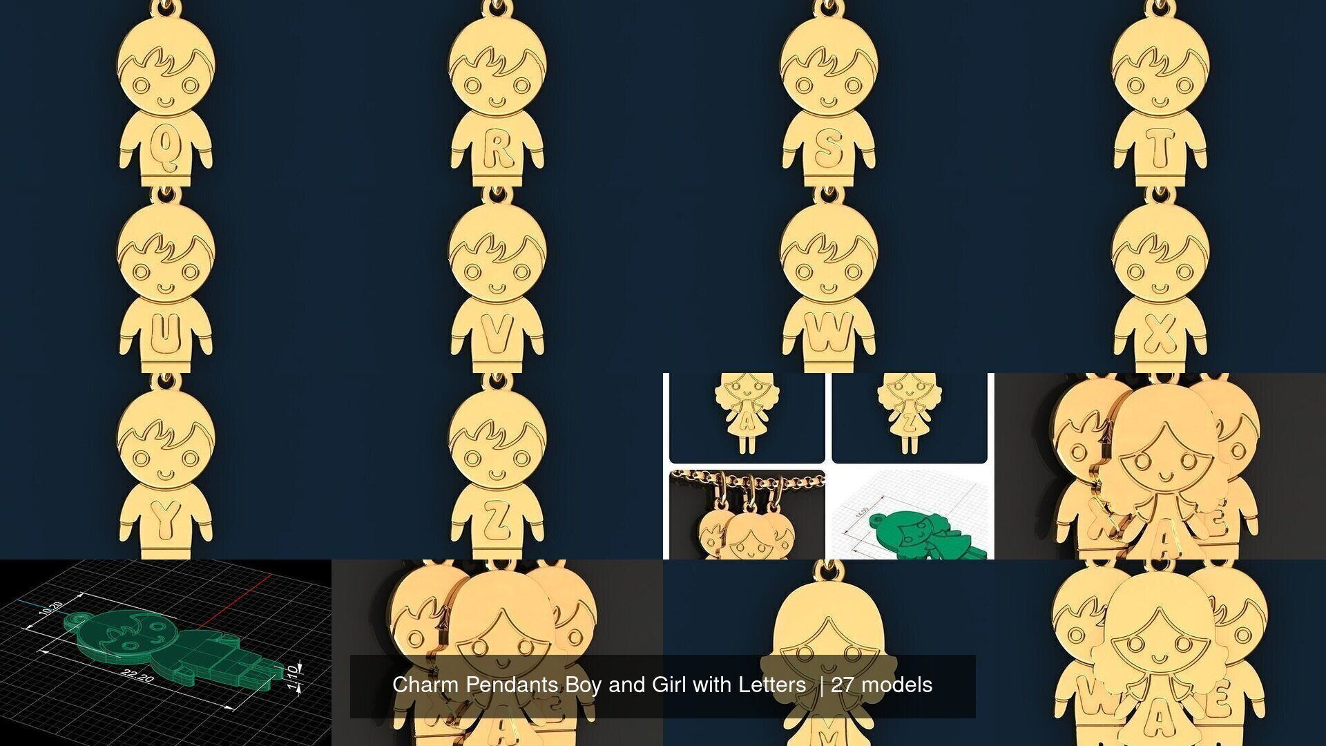  Charm Pendants Boy and Girl with Letters  3D Model Collection_3