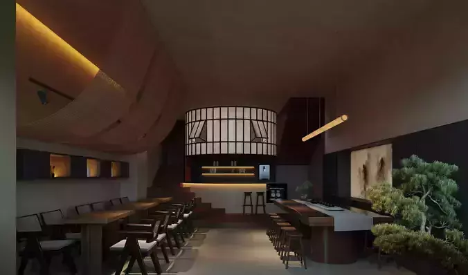 Japanese Style Cafe Interior Scene 3D model
