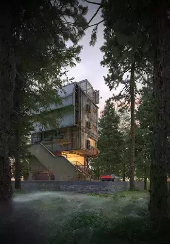 Futuristic Car with Forest Cabin Morning Scene 3D model